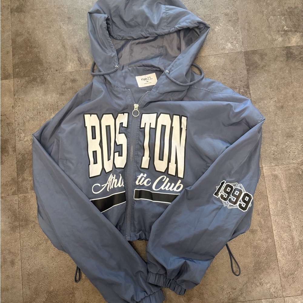 Cropped Boston Varsity Windbreaker Jacket Y2K Blue Medium